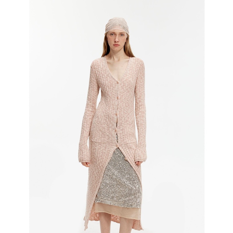 “Soft Spring Formula” Luxury Brand Same Version Cotton and Linen Fancy Yarn Knitted V-Neck Curling Design Straight Long