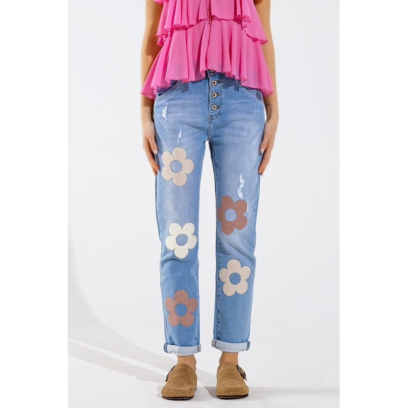 Straight Jeans With Button Closing And Flower Detail In Front