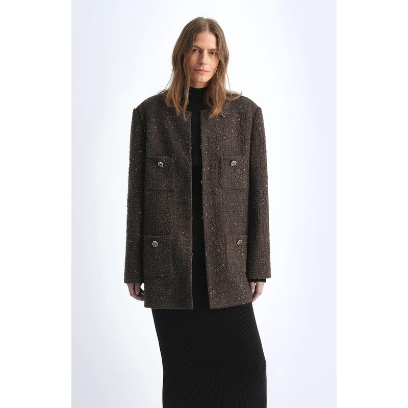 Textured Tweed Sequin Longline Blazer in Wool Blend