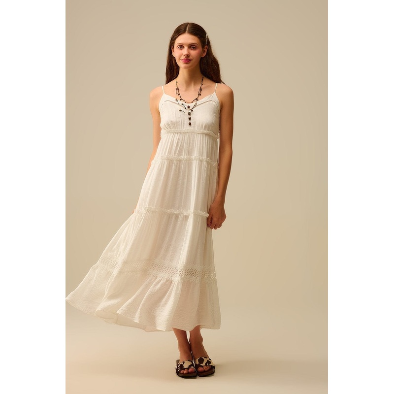 Tiered Maxi Dress With Lace Inserts In White