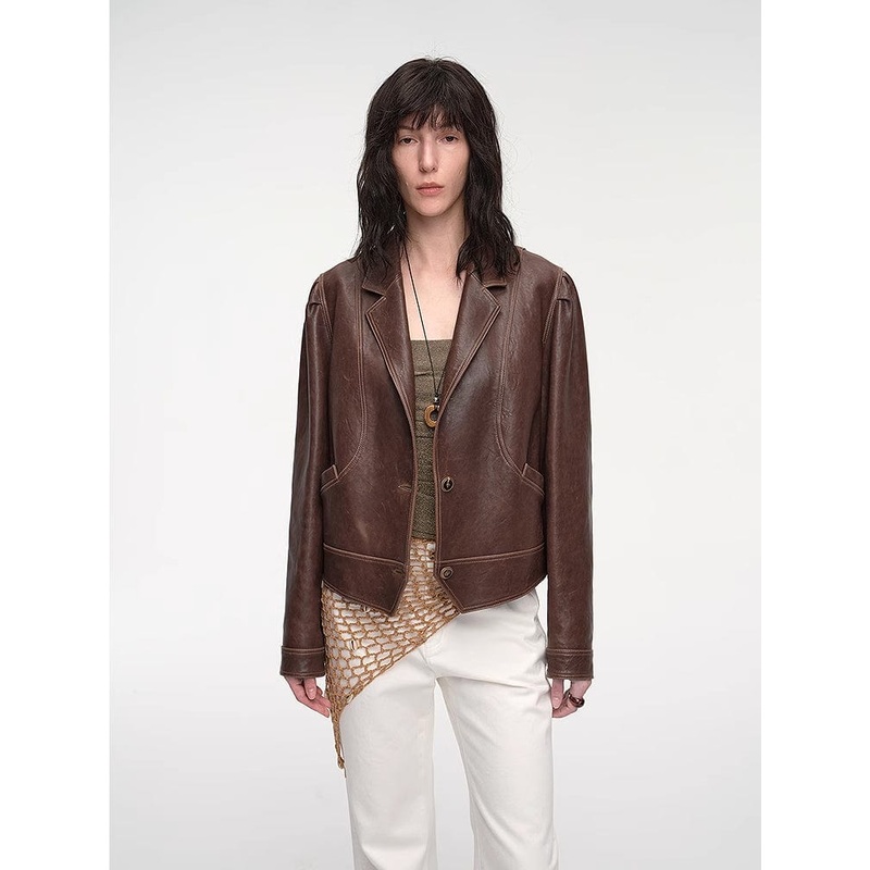 “Vintage Old Stories” New Zealand Imported Waxed Sheepskin Distressed Short Leather Jacket