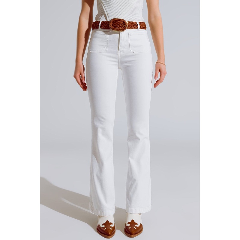 White Skinny Flared Jeans With Front Pocket Detail