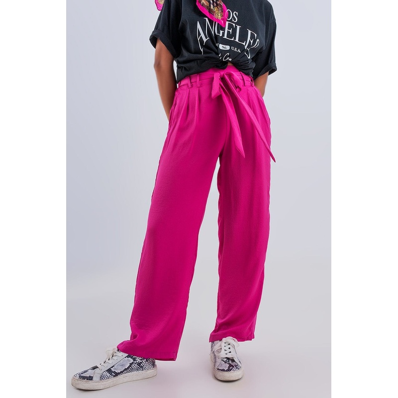 Wide Leg Belted Pants In Fuchsia