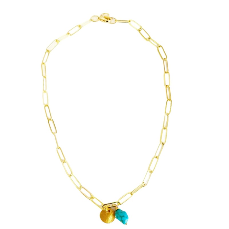 16″ Paper Clip Chain Necklace With or Without Turquoise & Gold Disc Charms | MINU