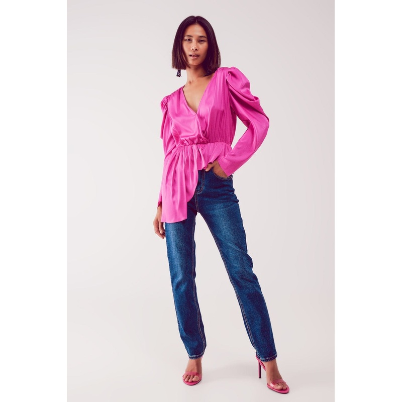 Asymmetric Puff Sleeve Blouse In Fuchsia