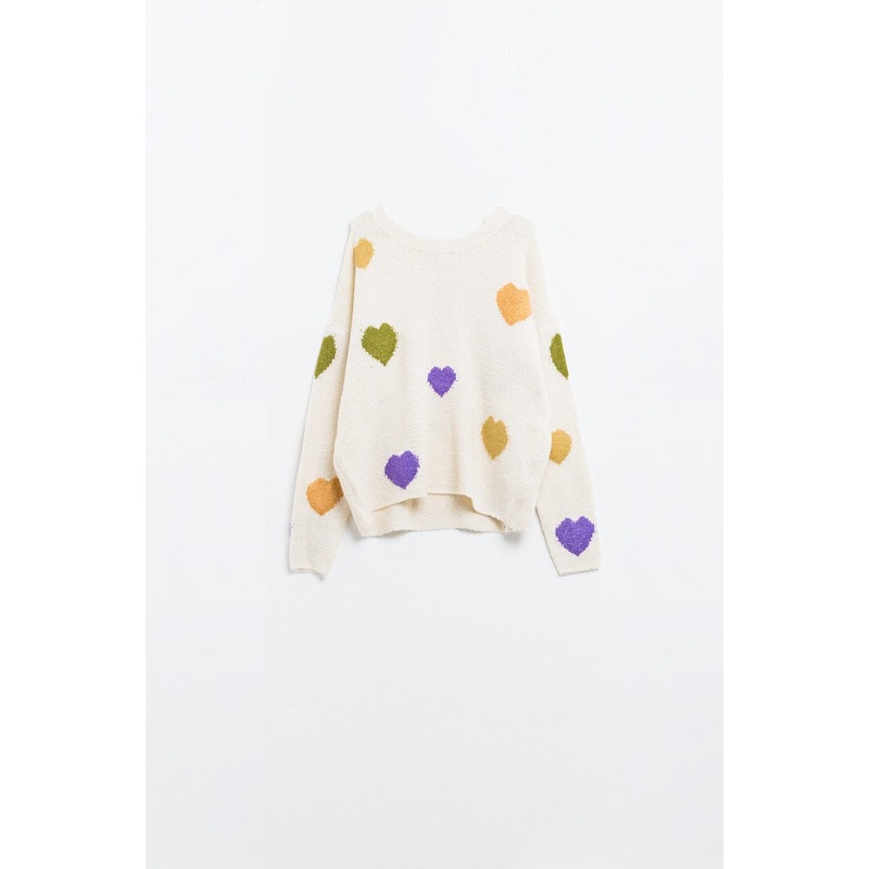 Beige Sweater With Boat Neck And Heart Print
