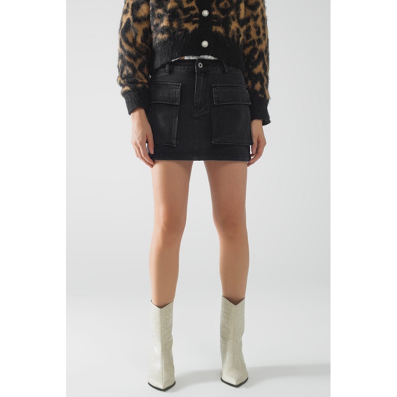 Black Denim Miniskirt With Cargo Pockets
