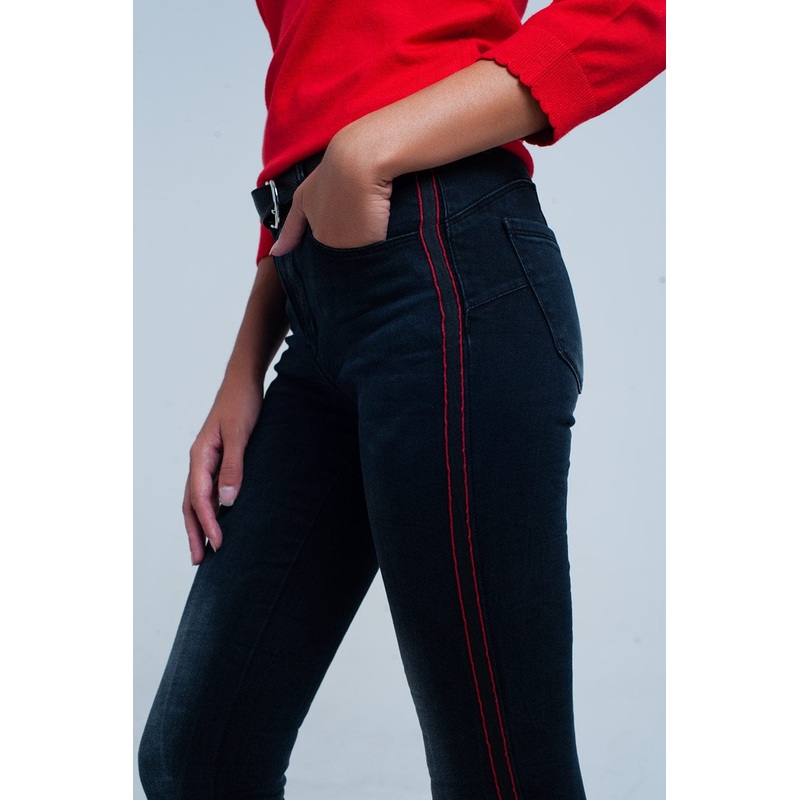 Black Skinny Leg Jeans With Side Stripe