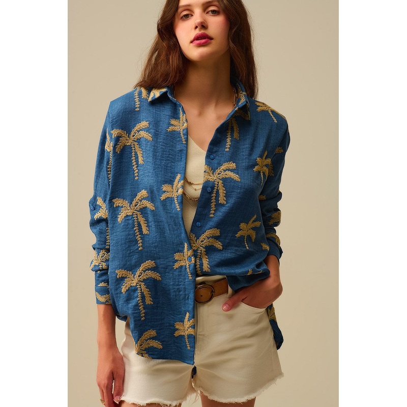 Blue Shirt With Beige Palm Tree Embroidery