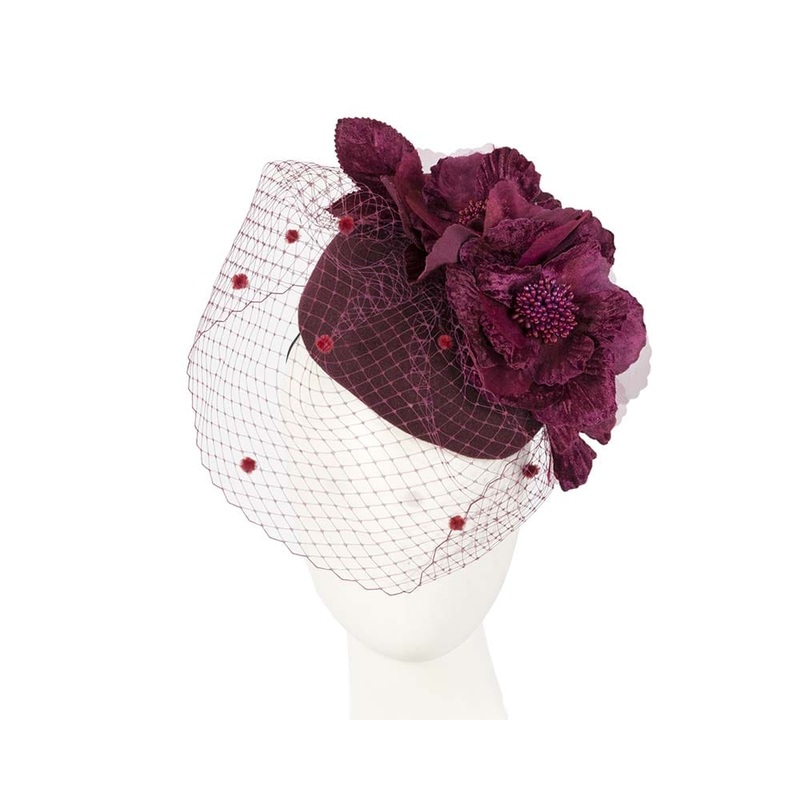 Burgundy winter racing felt pillbox with flower and veiling by Fillies Collection