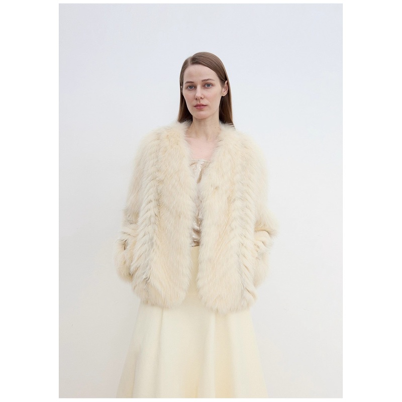 “Champagne on a Snowy Night” Imported Fox Fur Two-Tone V-Neck Oblique Stripe Slim Jacket