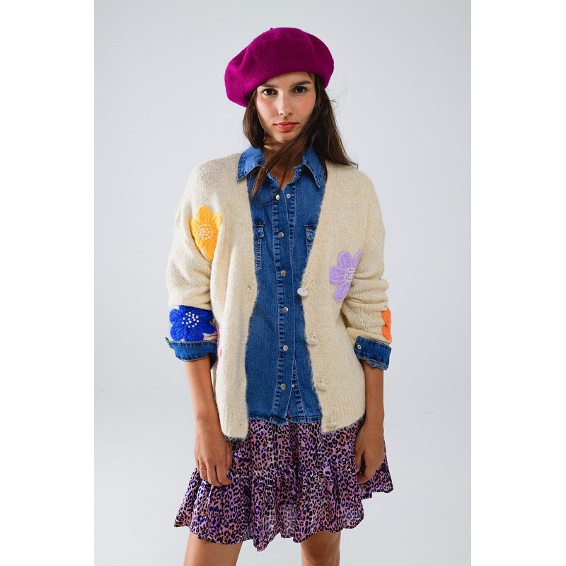 Cream Cardigan With Embroidered Flowers