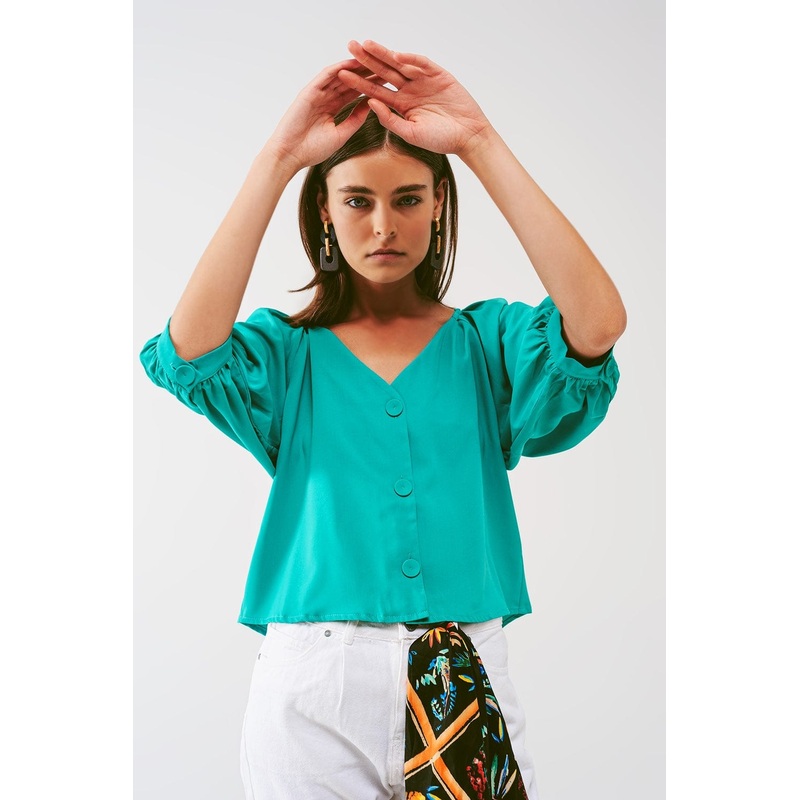Cropped Button Through Shirt In Green