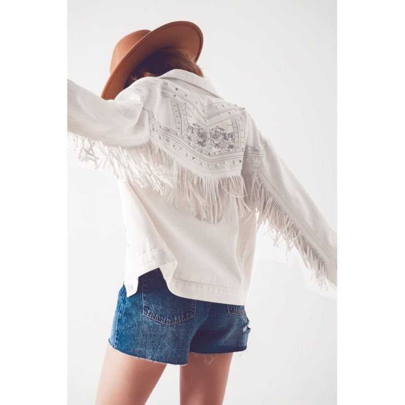 Embellished Fringe Denim Jacket In White