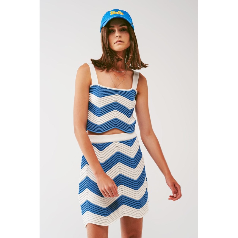 Knitted Bandeau Top In White And Blue