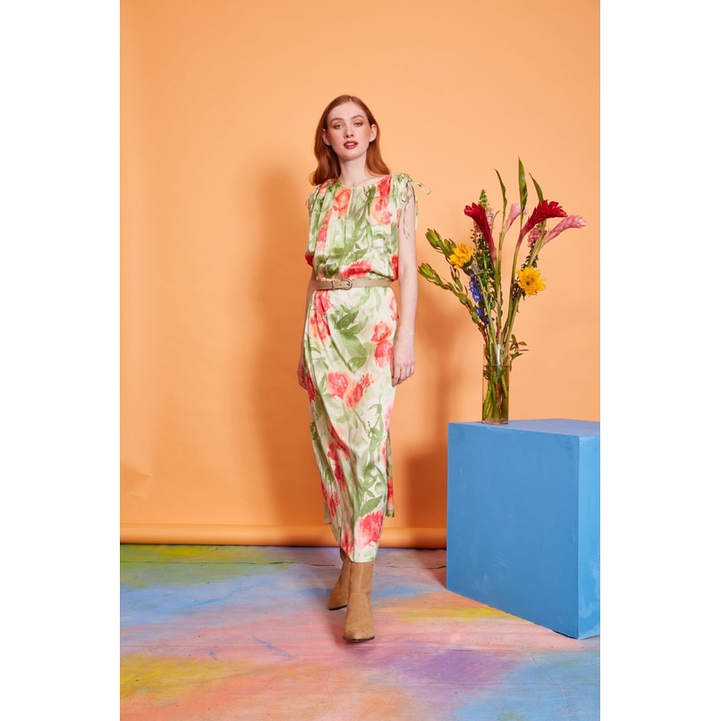 Lavanya Coodly Jessica Floral Midi Dress in Orange & Green on Almond Silk with Bateau Neckline & Cap Sleeves