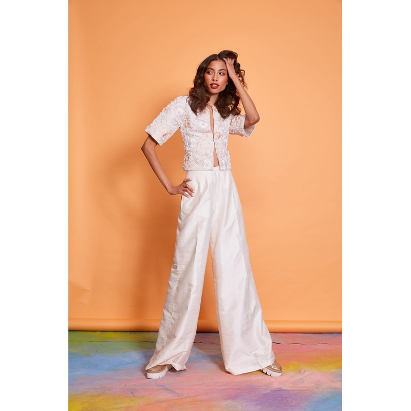 Lavanya Coodly Women’s Antique White 100% Silk Stephanie Wide Leg Pants