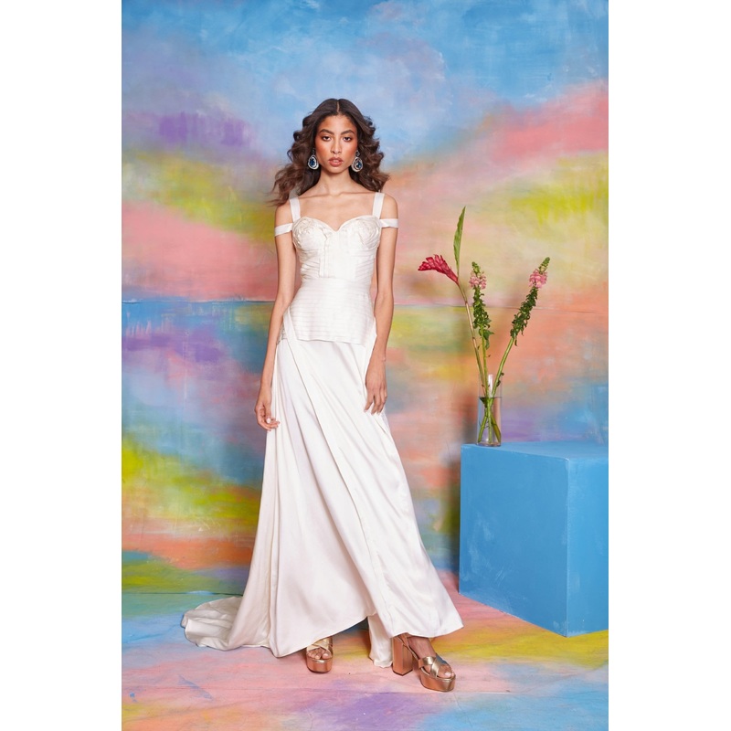 Lavanya Coodly Women’s Full Length Gigi Silk Charmeuse Ivory Dress with Corset Silhouette, Gliding Skirt, & Side Slit