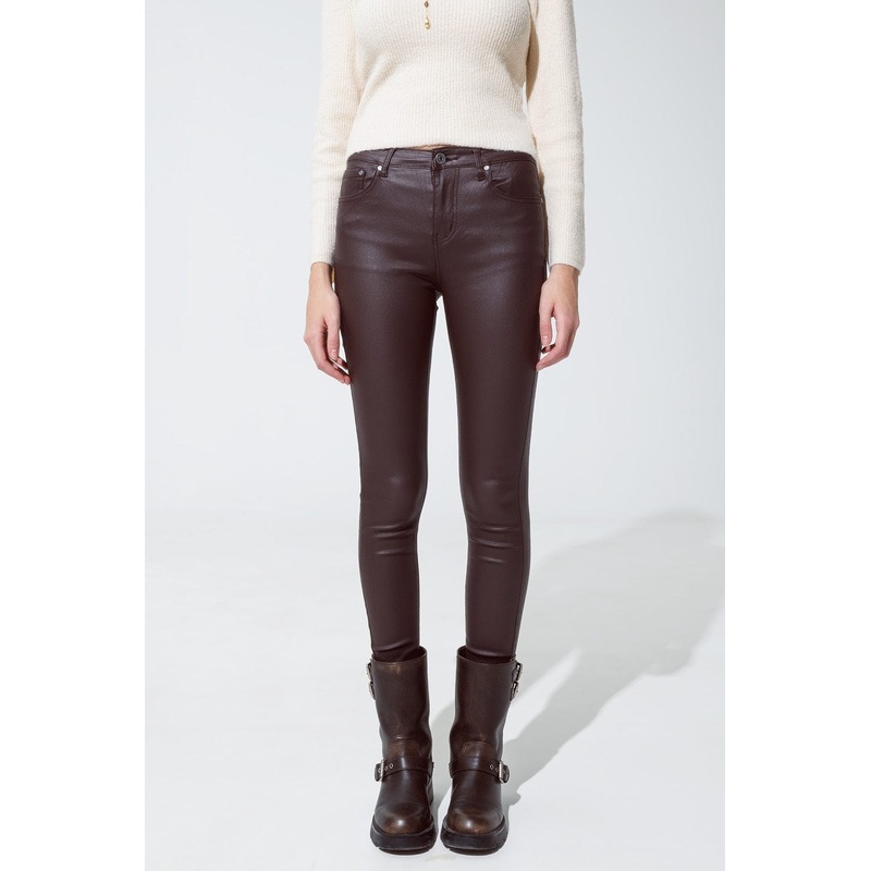 Leatherette Effect Super Skinny Pants In Dark Brown