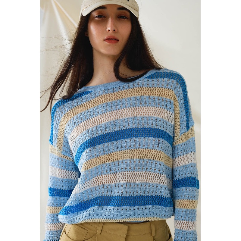 Long Sleeve Blue Multicolored Sweater With Boat Neck