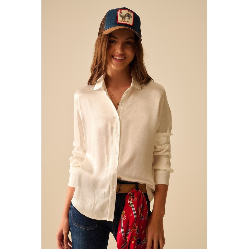 Long Sleeve Button Up Satin Blouse With Polo Collar In White Color