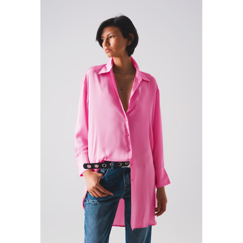 Long Sleeve Satin Button Front Shirt In Pink