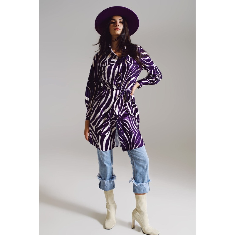 Midi Short Dress With Zebra Print In White And Purple