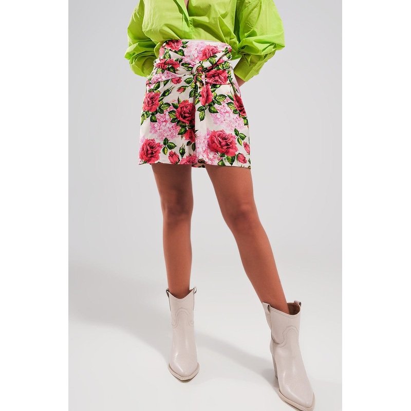 Mini Skirt With Knot Front In Rose Print