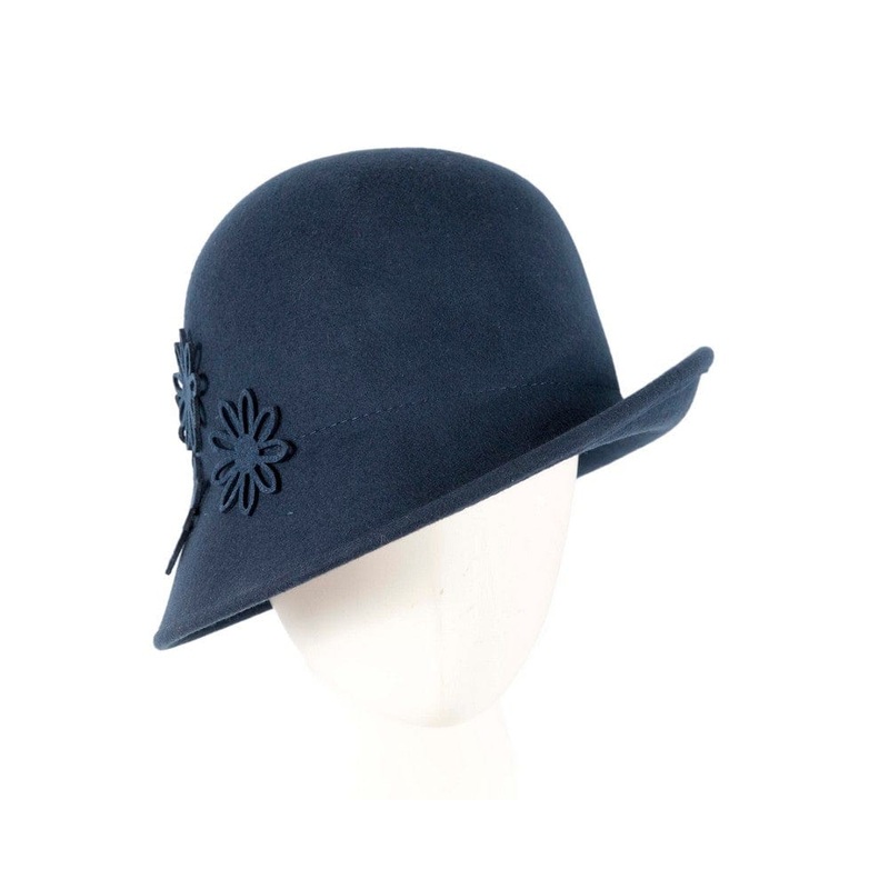 Navy felt cloche hat with flowers by Max Alexander