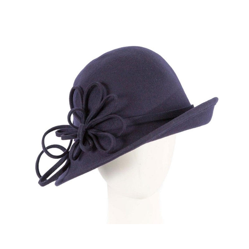 Navy felt winter hat with flower by Max Alexander