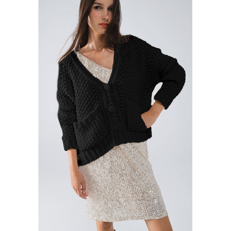 Oversized Black Chunky Knit Jacket With Pockets
