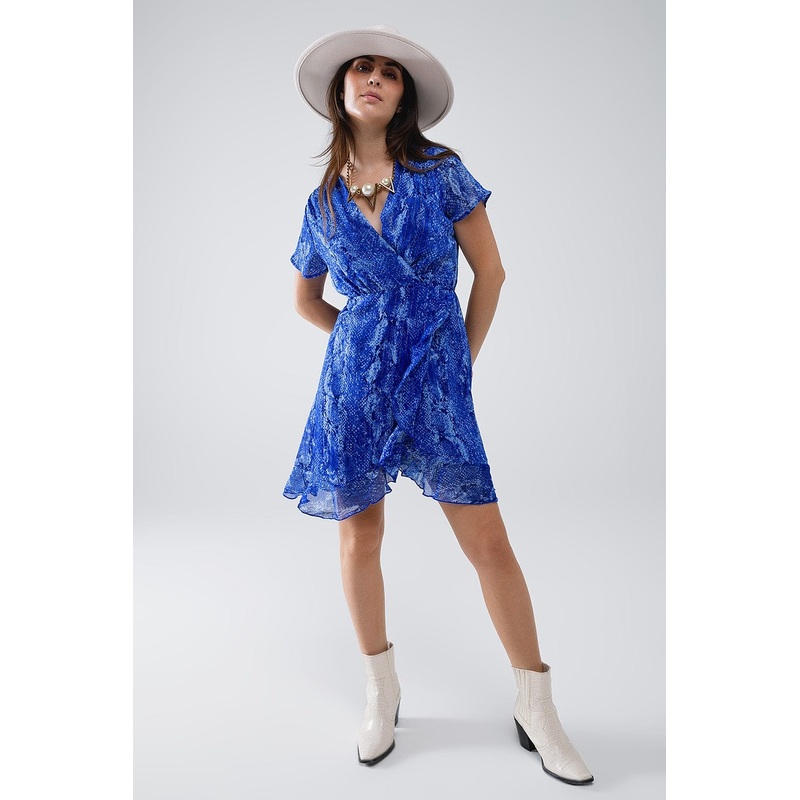 Short Wrap Dress In Blue Animal Printed And Gold Lurex