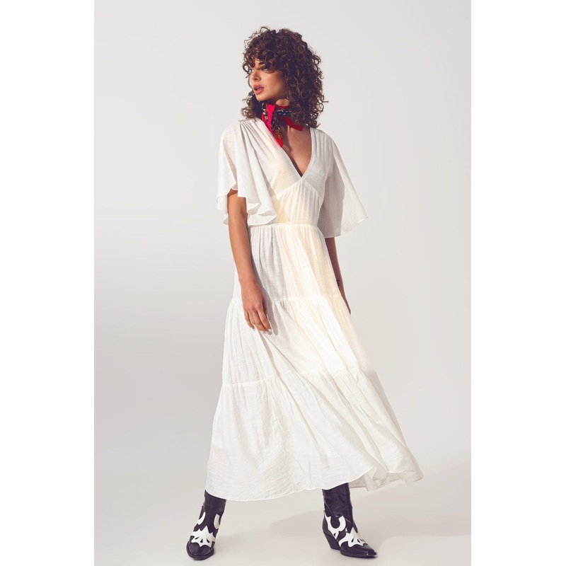 Smock V Neck Maxi Dress In White