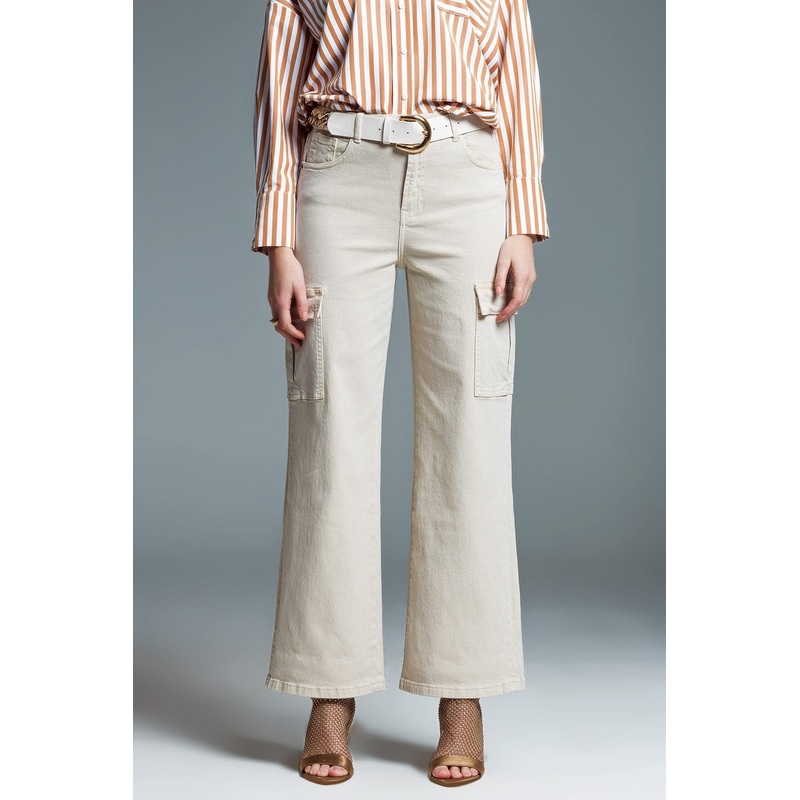 Straight Leg Cargo Jeans In Beige