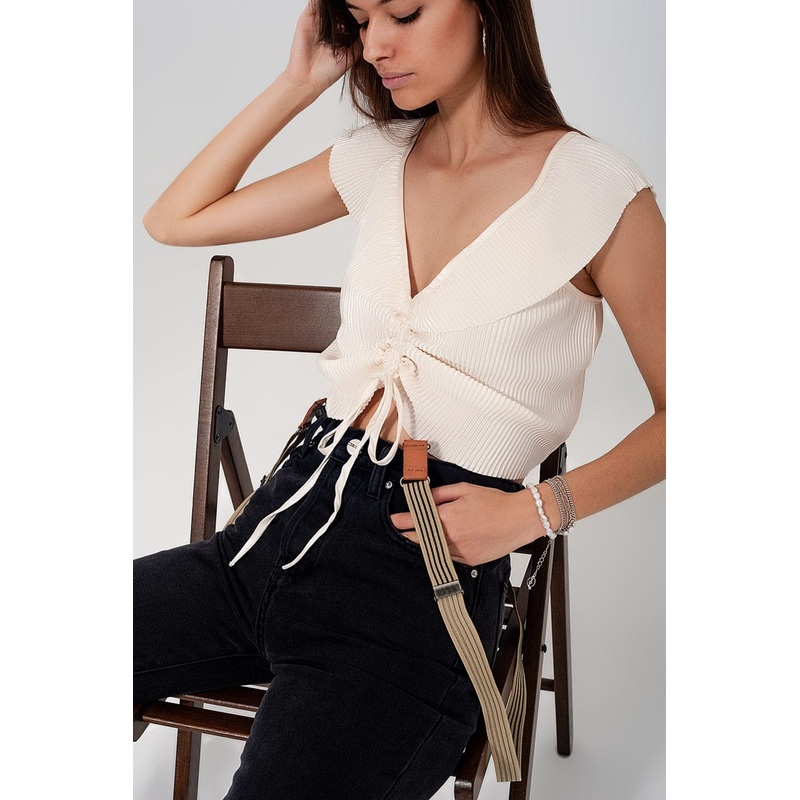Tie Front Shirred Detail Volume Sleeve Crop Top In Cream