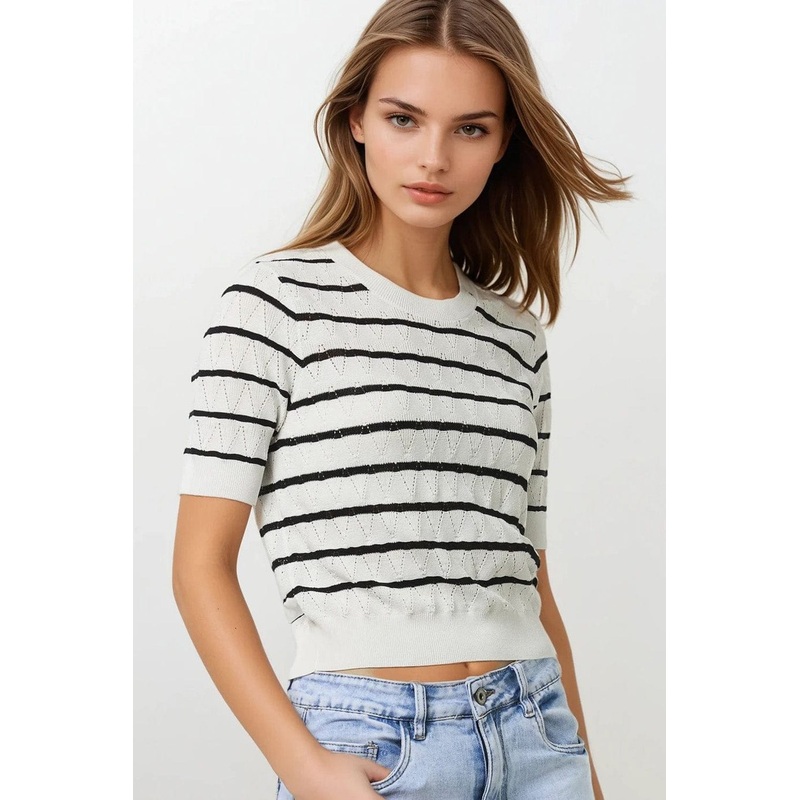 White Openwork Knit Top With Short Sleeves And Black Stripes