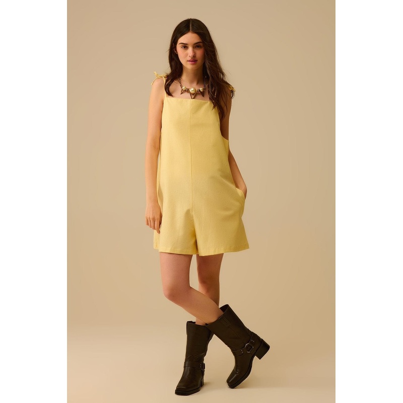 Yellow Striped Playsuit With Shoulder Ties And Back Pocket Detail