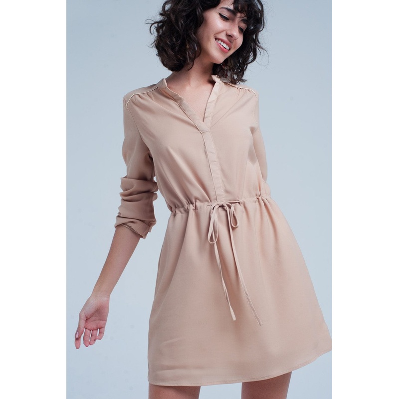 Beige Tie Waist Shirt Mini Dress