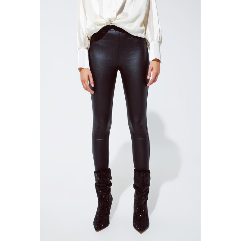 Black Gloss Look Pants With Stretchband