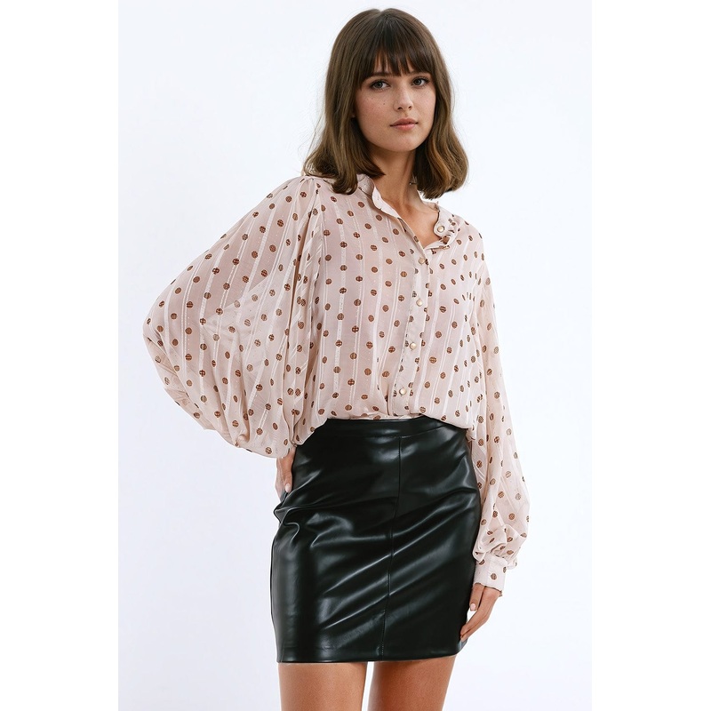 Blouse With Balloon Sleeves And Polka Dots In Beige