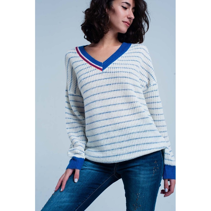 Blue Striped Sweater With V-Neck