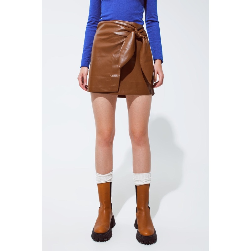 Brown Faux Leather Mini Skirt With Bow On The Side