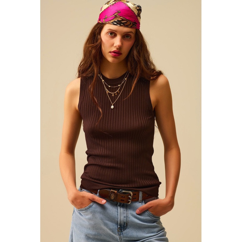 Brown Ribbed Sleeves Knit Top