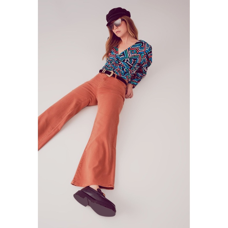 Cotton Blend Wide Leg Jeans In Orange