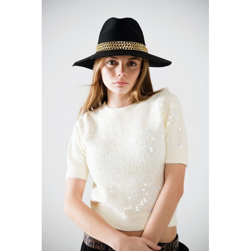 Cream Short Sleeve Sequin Sweater