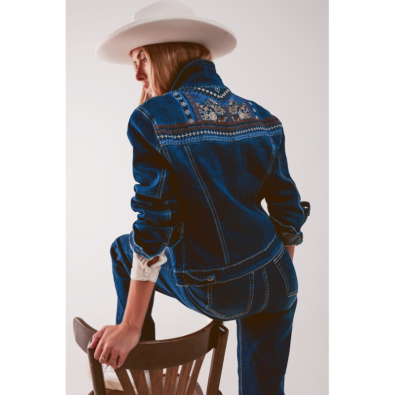 Embroided Back Denim Jacket In Dark Blue