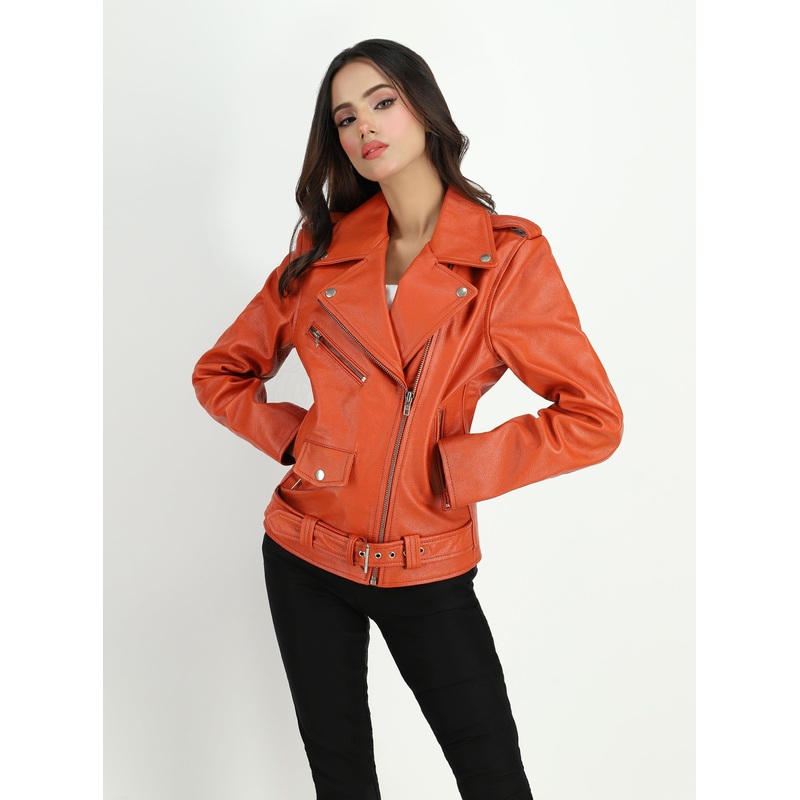 Fadcloset Women’s  Moto Style Cowhide Orange Leather Jacket