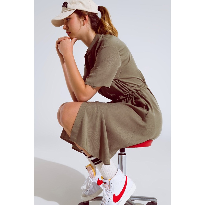 Flowy Button Up Dress With Belt And Side Pockets