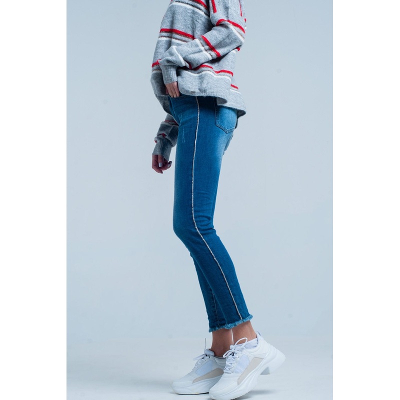 Fringed Skinny Jeans With Strass Side Stripe
