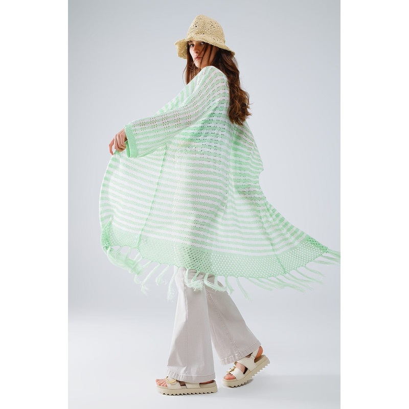 Green Boho Style Cardigan With Stripes Pointelle Knit And Fringe Details